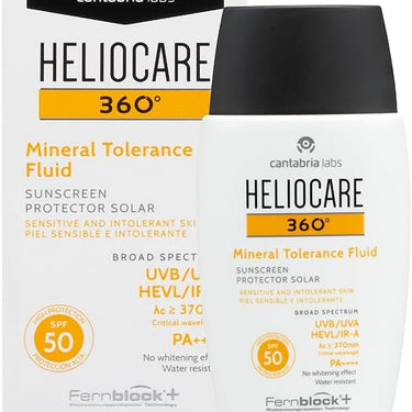 Heliocare 360 Mineral Tolerance Fluid SPF50 50ml / Mineral Sunscreen For Face/Daily UVA UVB Visible Light and infrared-A Hypoallergenic Sun Protection/Silky Transparent Finish, White